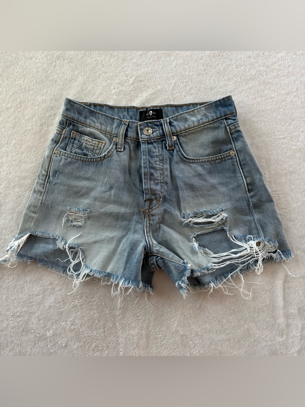 7 For All Mankind Light Blue Distressed Denim Shorts